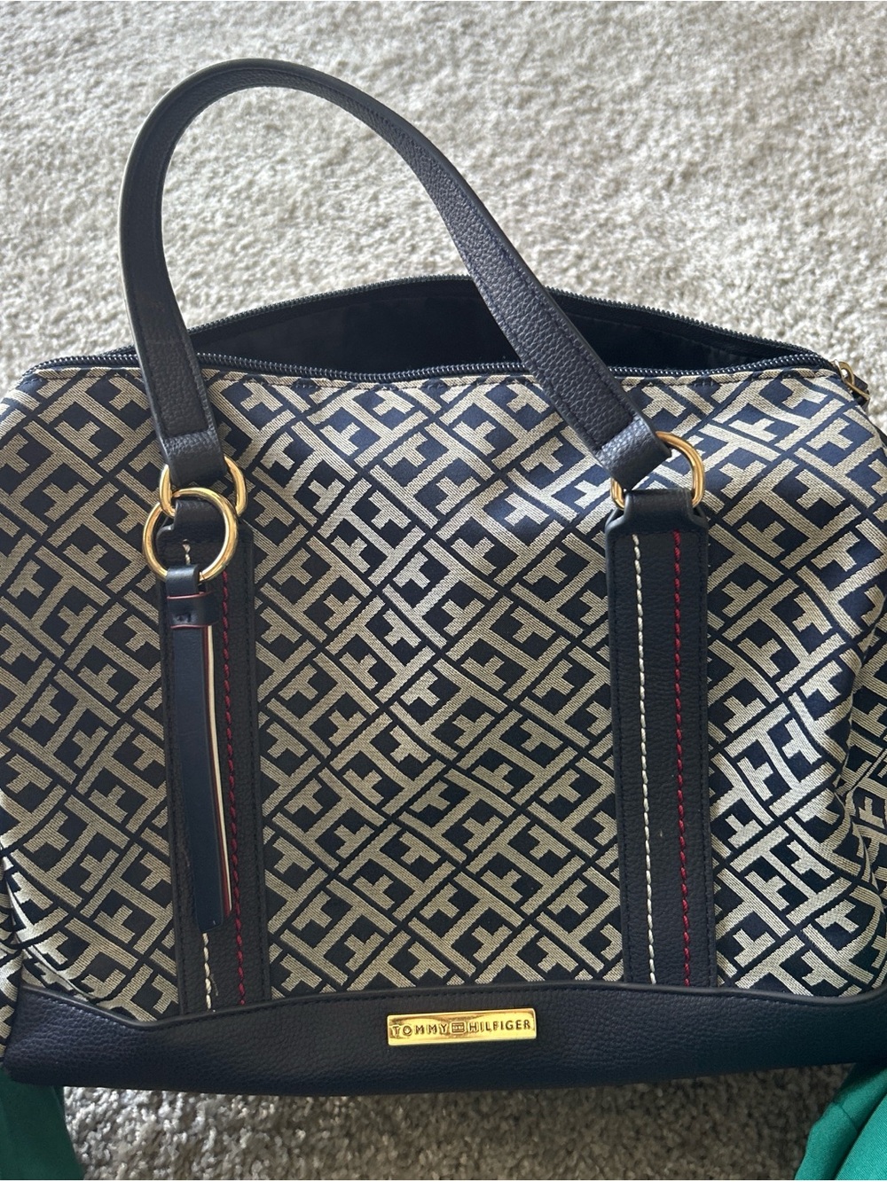 Tommy Hilfiger Black & Cream Logo Tote with Gold Hardware